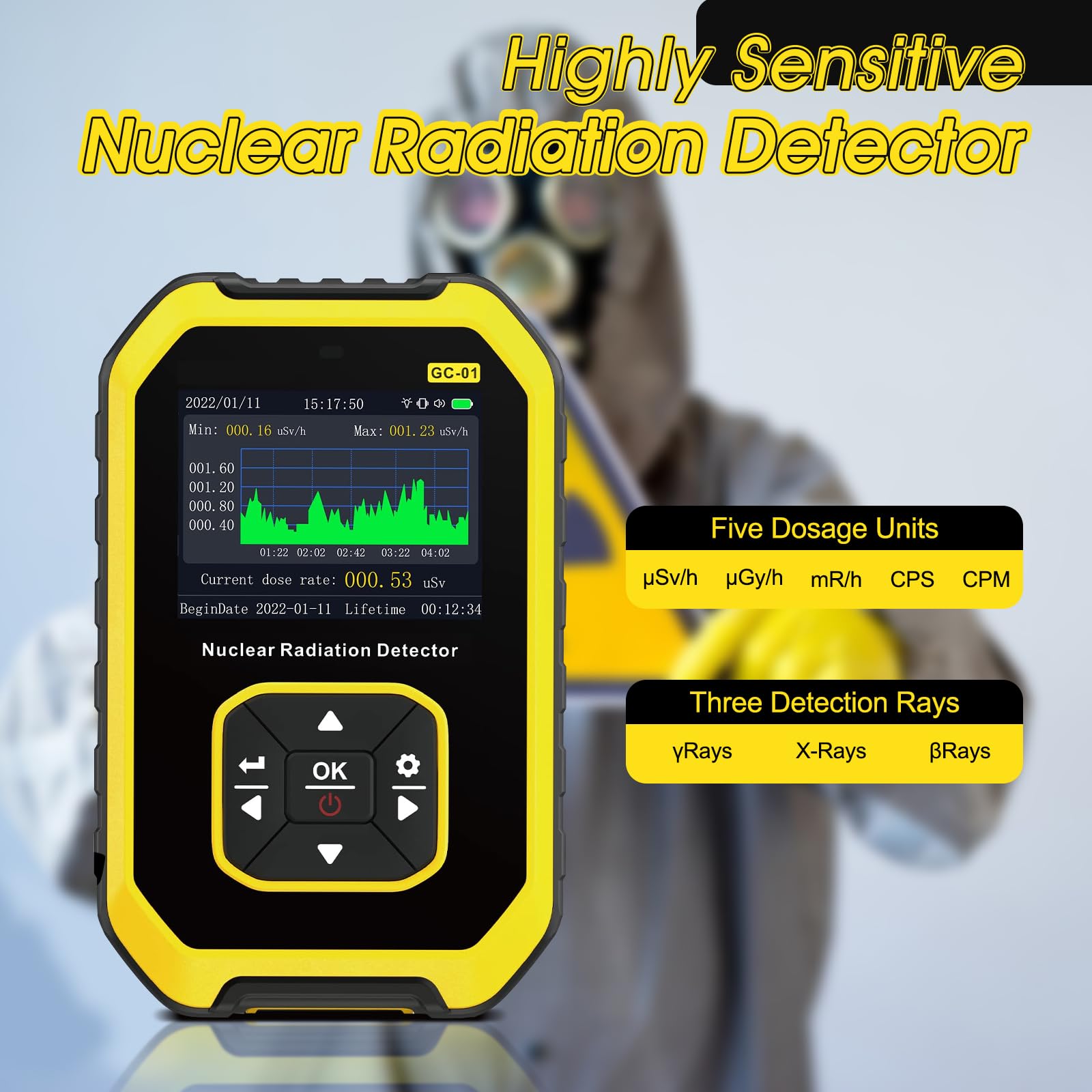 Rilevatore di radiazioni nucleari Geiger portatile con display LCD, monitor di radiazioni ricaricabile, tester per raggi X Beta Gamma, applicato per casa, esterno, industriale