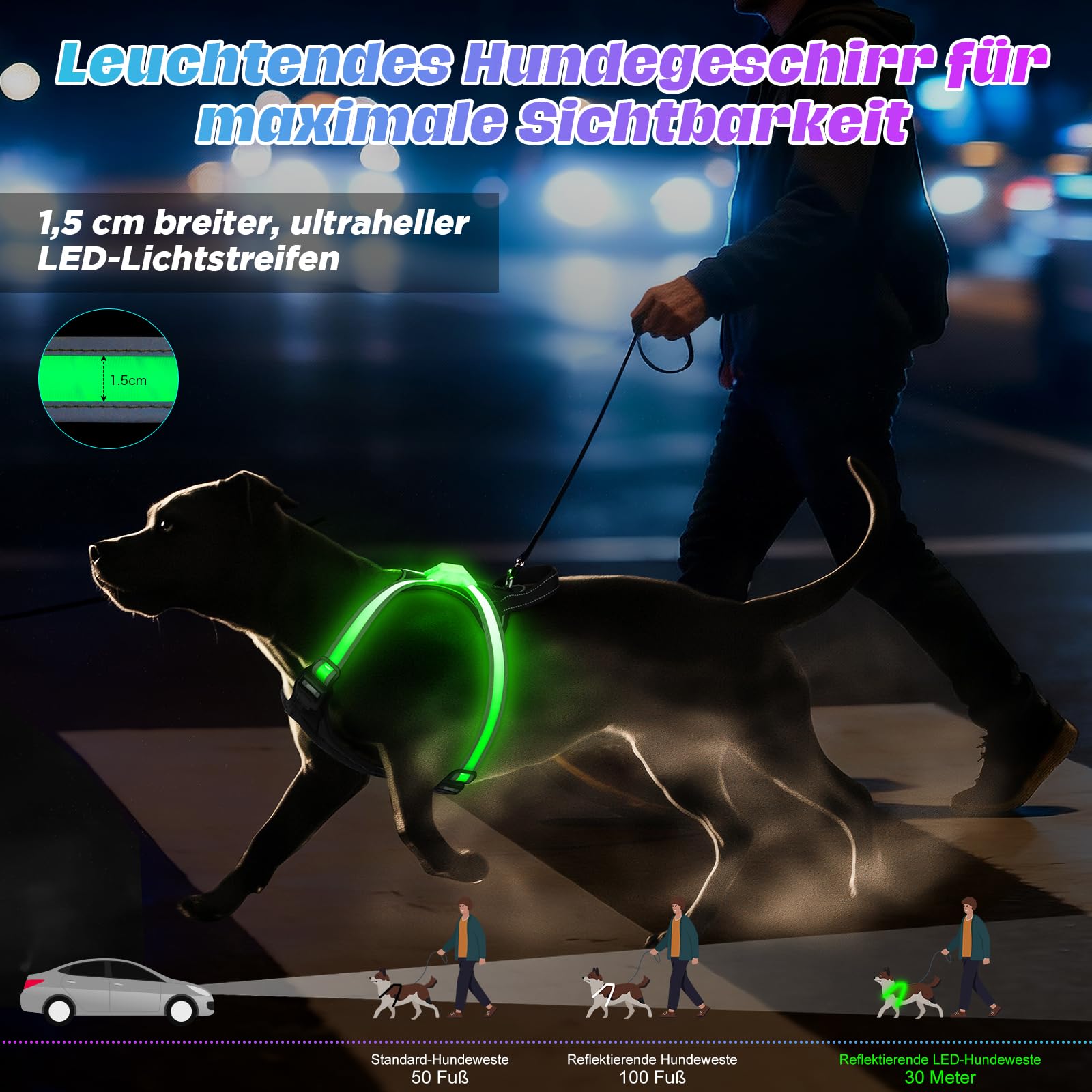 Leuchtendes Hundegeschirr – Mehrfarbiges LED-Hundegeschirr mit 7 Leuchtmodi | Wiederaufladbare Sicherheitsweste ohne Zug, USB-Anschluss, mit Griff für mittelgroße bis große Hunde (M)