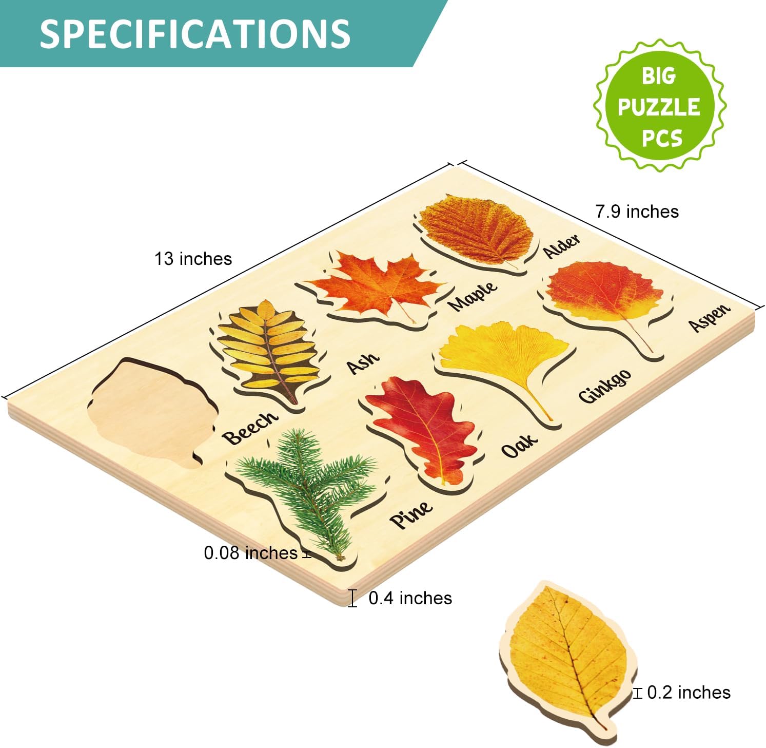 Wooden Jigsaw Puzzles, Jumbo Wooden Leaf Puzzle Fall Puzzles for Kids Ages 3-5, Montessori Preschool Puzzle for Toddlers, Educational Learning STEM Toys