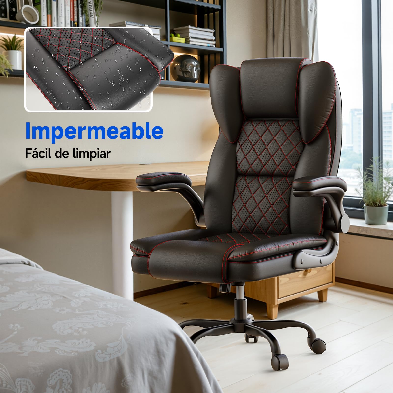 rattantree Silla de Oficina, Sillas de Escritorio Ergonómica con Reposabrazos Abatibles de 90°, Ruedas Giratorias, Tapizado de Cuero y Altura Ajustable, Adecuada para Uso en La Oficina y Hogar, Negro