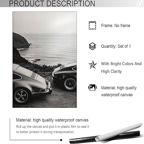 Miniatura 3 de Póster retro de lujo para automóvil, lienzo en blanco y negro, arte de pared, diseño de curvas elegantes atemporales, para garaje, impresiones de