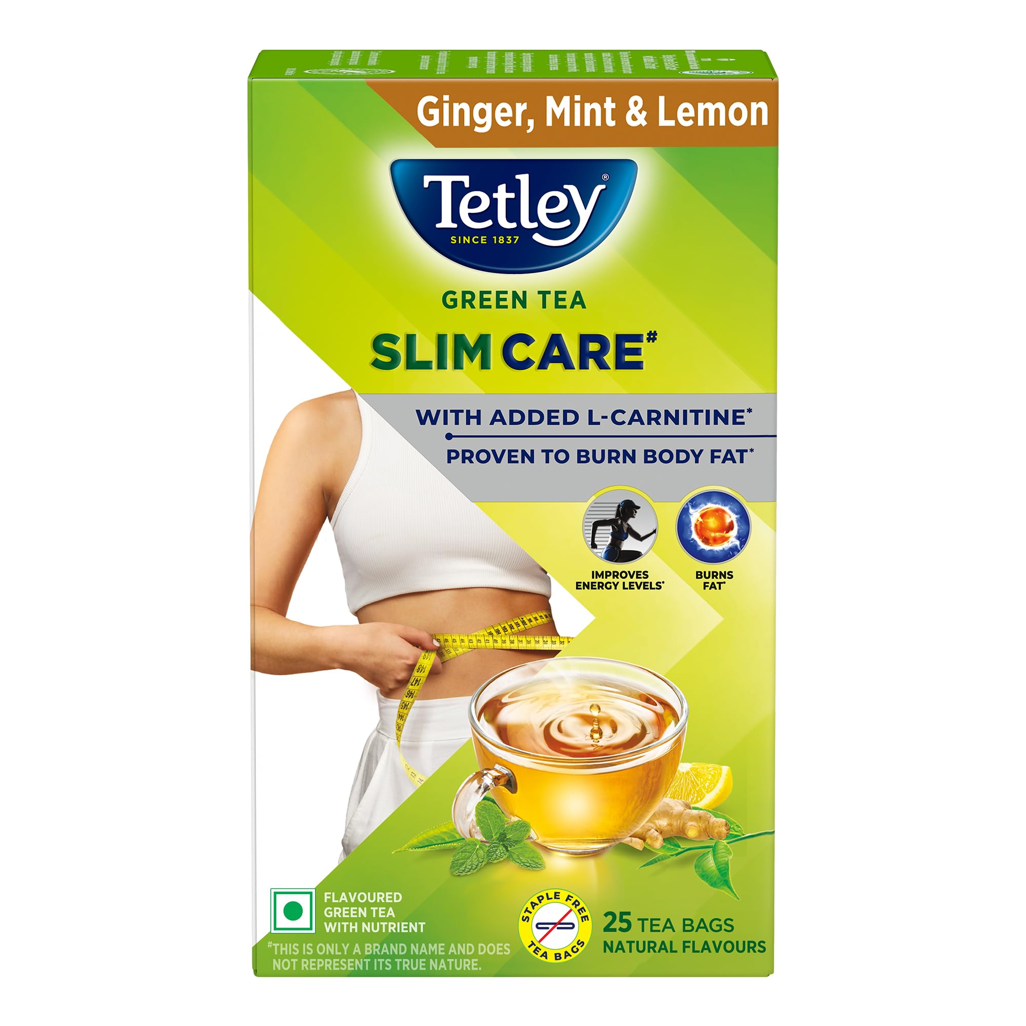 Tetley Green Tea Slim Care, With Added L-Carnitine, Helps Burn Body Fat, Boosts Energy, Low Calories, Delicious Natural Ginger, Mint and Lemon Flavours, Makes 25 cups