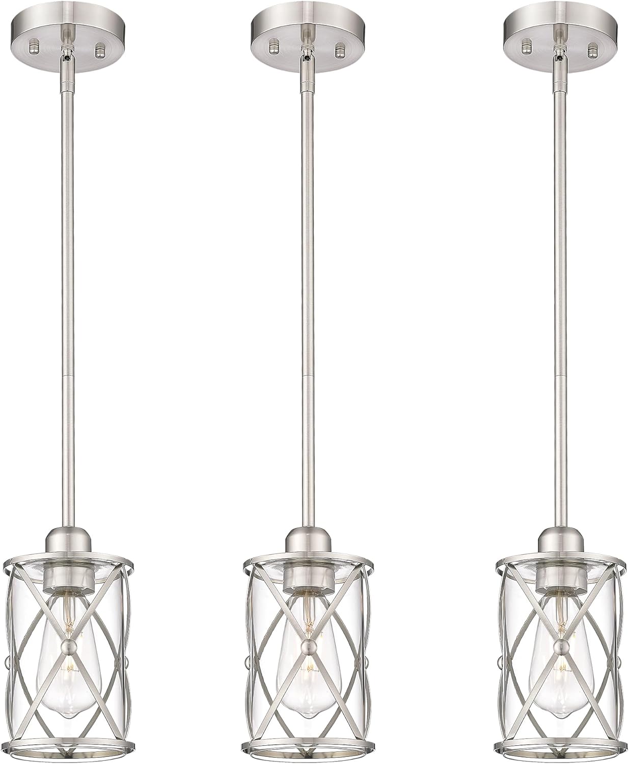 CH9176BN-3PK – Luces colgantes de níquel cepillado para isla de cocina, 3 unidades, iluminación colgante de cristal sobre la isla con varilla,