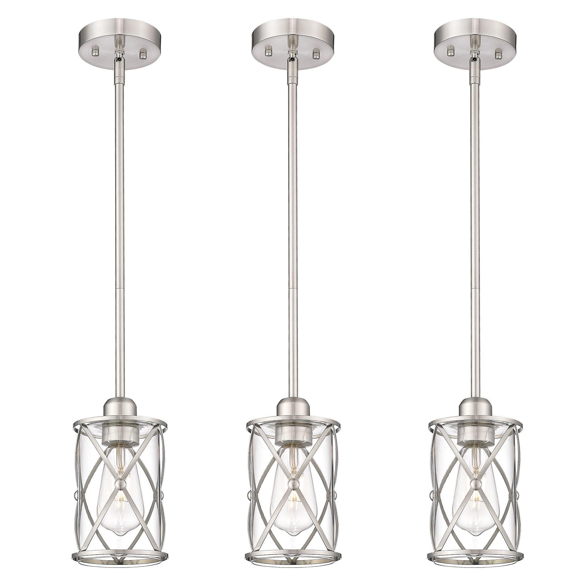 Photo 1 of Osimir Brushed Nickel Pendant Lights Kitchen Island 3 Pack, Glass Kitchen Pendant Lighting Over Island with Rod, Modern Mini Hanging Light for Kitchen Sink Dining Room, CH9176BN-3PK