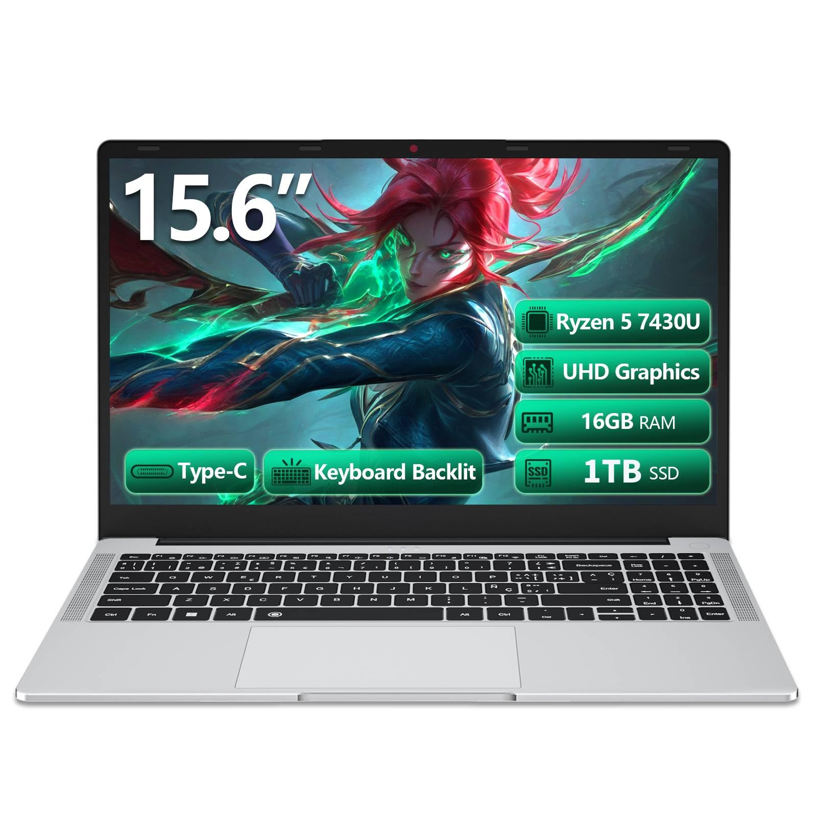 15.6 Pulgadas Ordenador Portátil Ryzen 5 7430U CPU, PC Portatil 16GB DDR4 RAM 1TB SSD, Gráficos Radeon, Laptop Teclado Retroiluminado, Win 11 Ordenador Portatil Type-C,HDMI,USB 3.0, BT5.1