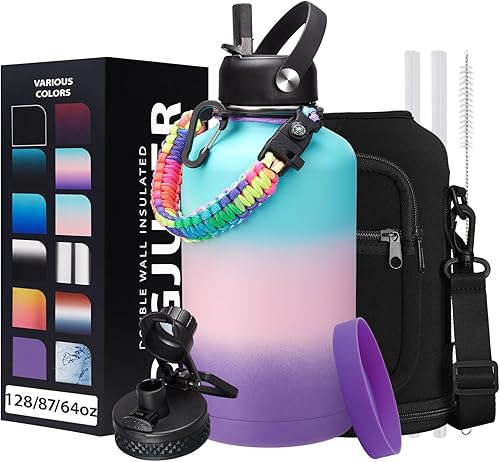 Botella de agua aislada de 64 onzas con mango de paracaída, botella de agua de medio galón con tapas de pajita y boquilla, funda de botella y bota,