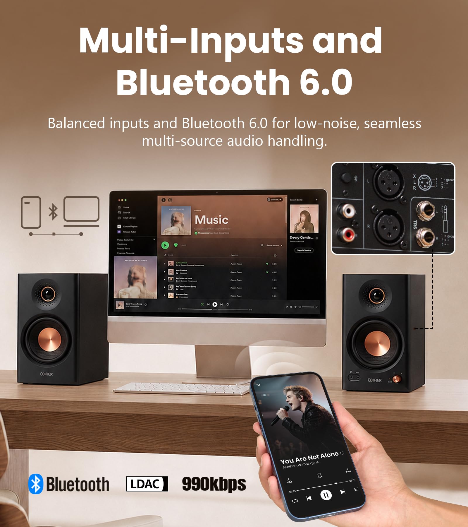 Edifier MR4.5 aktive Studio-Lautsprecher | Hi-Res Monitor 80 Watt | XLR, TRS, RCA + AUX | Bluetooth 6.0 Multipoint | LDAC-Wireless 24 bit/96 kHz | ConneX-App | EQ + Front-Regler (Schwarz)
