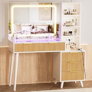 44" Vanity Desk with Mirror and Lights, Makeup Vanity Desk with Power Outlet, Makeup Desk with 5 Drawers&Storage Shelves, Vanity Table 3 Color Adjustable Brightness Dressing Table Set for Bedroom