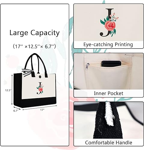 Miniatura 25 de Initial Canvas Tote Bag, Personalized Birthday Gifts for Women Mom Friends Teachers, Monogrammed Tote Bags Suitable for Mother's Day Wedding Beach