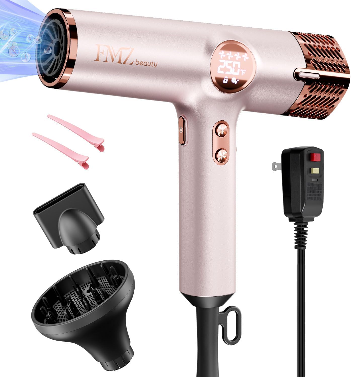 FMZ Professional Ionic Hair Blow Dryer with Smart Display, 1875W High Speed Brushless Motor for Fast Drying, Small Portable Light weight Low Noise, Curly Diffuser Blowdryer for Women Kids Salon Travel