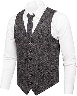VOBOOM Men's Slim Fit Herringbone Tweed Suits Vest Premium Wool Blend Waistcoat