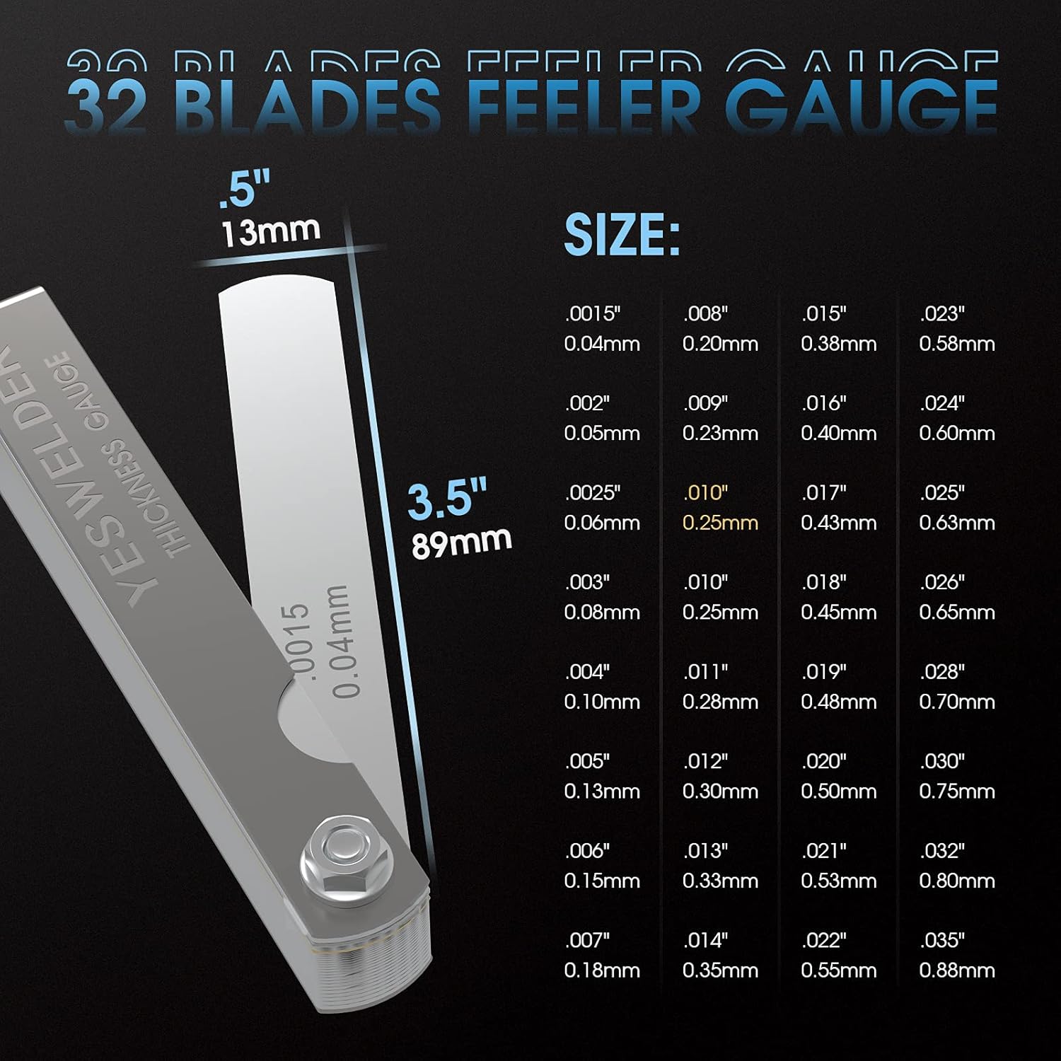 YESWELDER Thickness Gauges 32 Blades Feeler Gauge 0.0015-0.035"/16 Pieces Offset Feeler Gauge Set 0.005-0.020", Dual Marked Gap Measuring Tool Kit for Repair, Bass Guitar, Spark Plugs : Industrial & Scientific