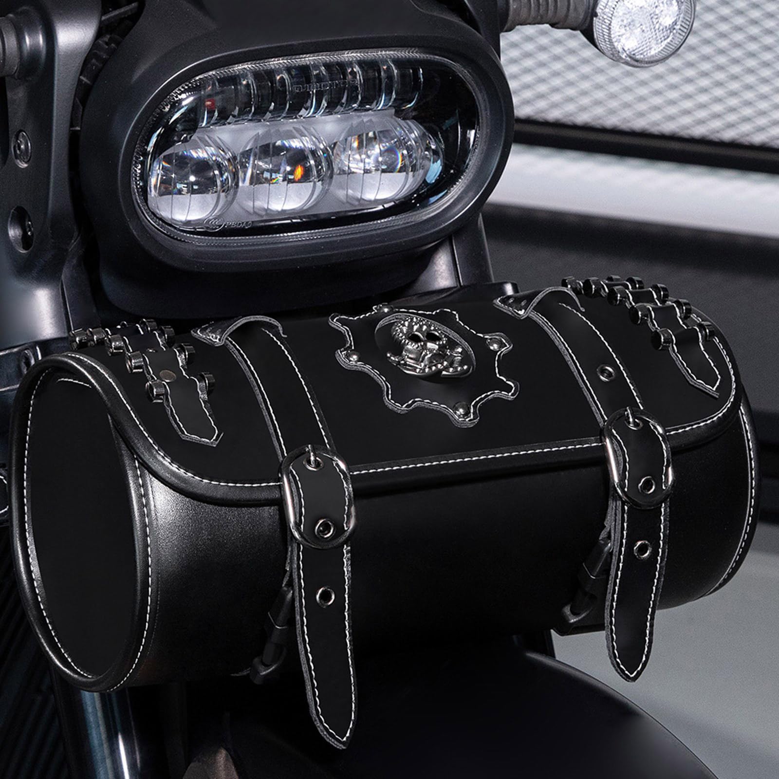 Sacoche de selle de moto Sac de rangement vintage pour outils Motif crâne en cuir PU Sacoche de fourche avant pour guidon Sacoche rétro