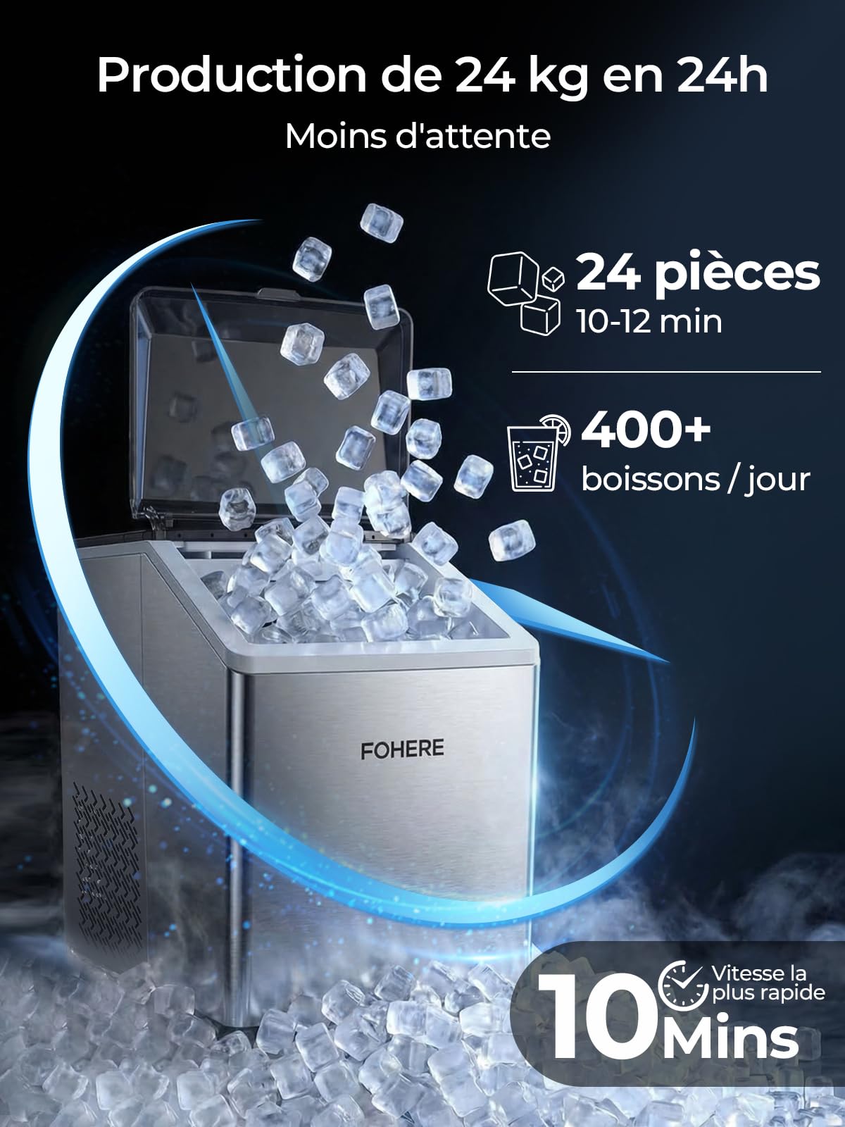 FOHERE Machine à Glaçons en Acier Inoxydable, 24kg/24h, 24 Glaçons en 10-15 Min, Réservoir 3,2L avec Minuterie, Auto-Nettoyage & Dégivrage, Double Alimentation en Eau, 40 dB, Bar & Gastronomie
