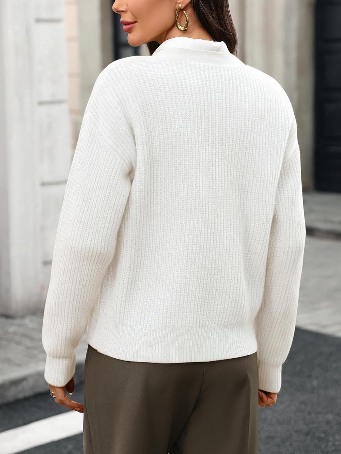 Women's 100% Wool Sweater V Neck Button Down Ribbed Cozy Knit Cropped Cardigan for Office Casual Outfits - Image 5