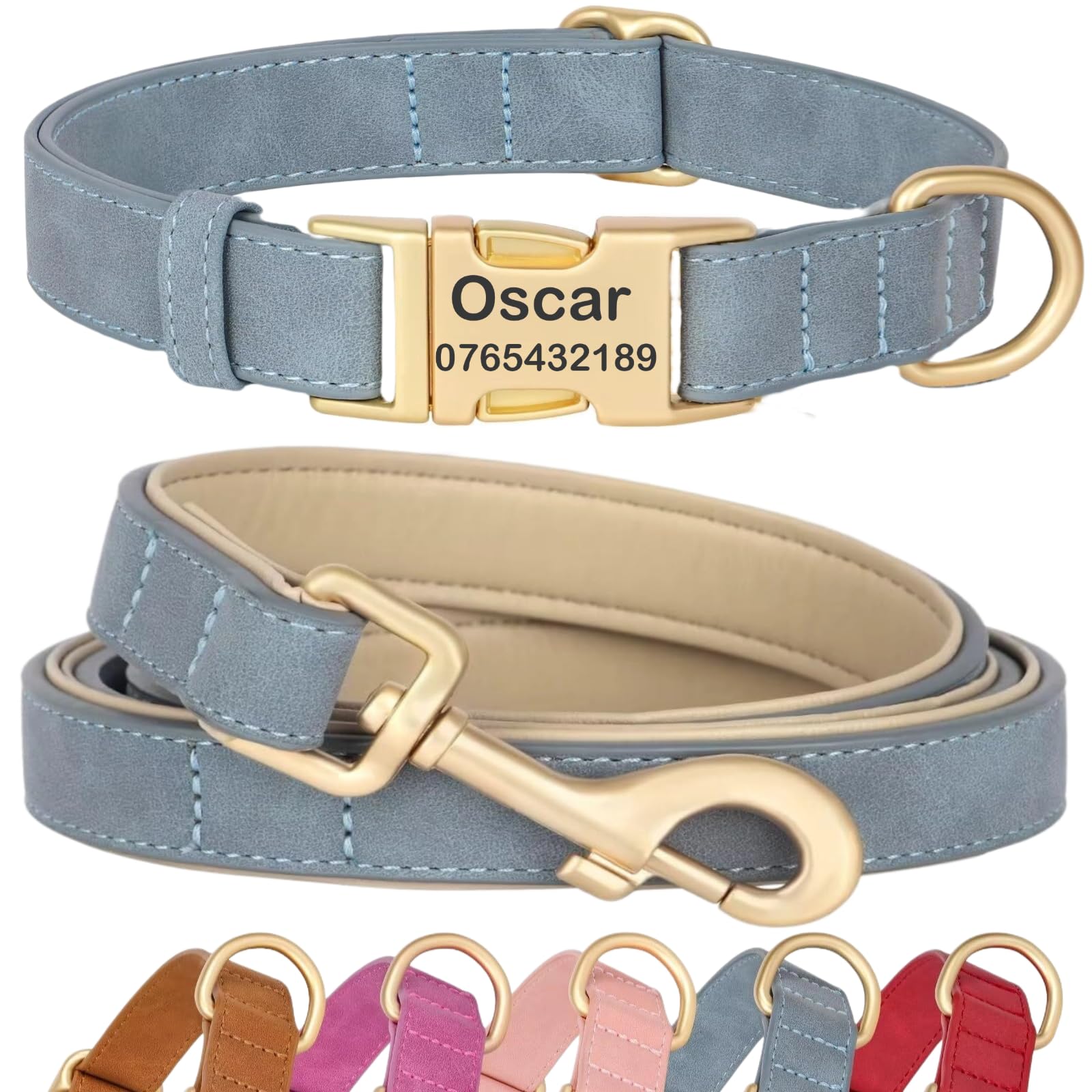 SEOUGEE Personalised Dog Collar and Lead Set, Custom Soft PU Leather Dog Collars, Adjustable & Durable Pet Collars with Quick Release Metal Buckle for Large Dogs (L, Slate Blue Set 38-60cm)