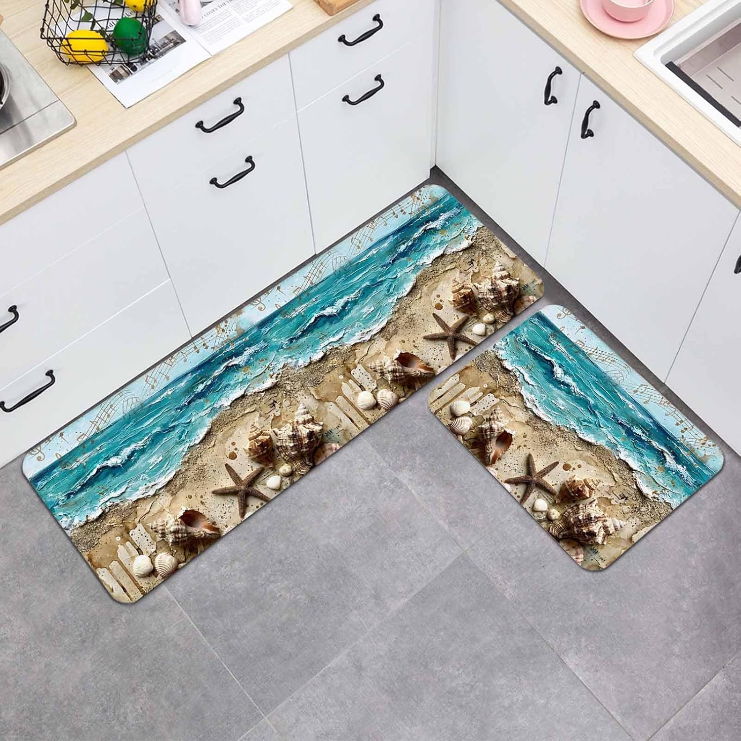 Prime Leader Oil Painting Beach Kitchen Mat Set 2 Pieces Ocean Wave Starfish Shell Musical Notation Non Slip Kitchen Rugs Washable Runner Rug Mats for Sink Laundry (15.7" x 23.6"+15.7" x 47.2")