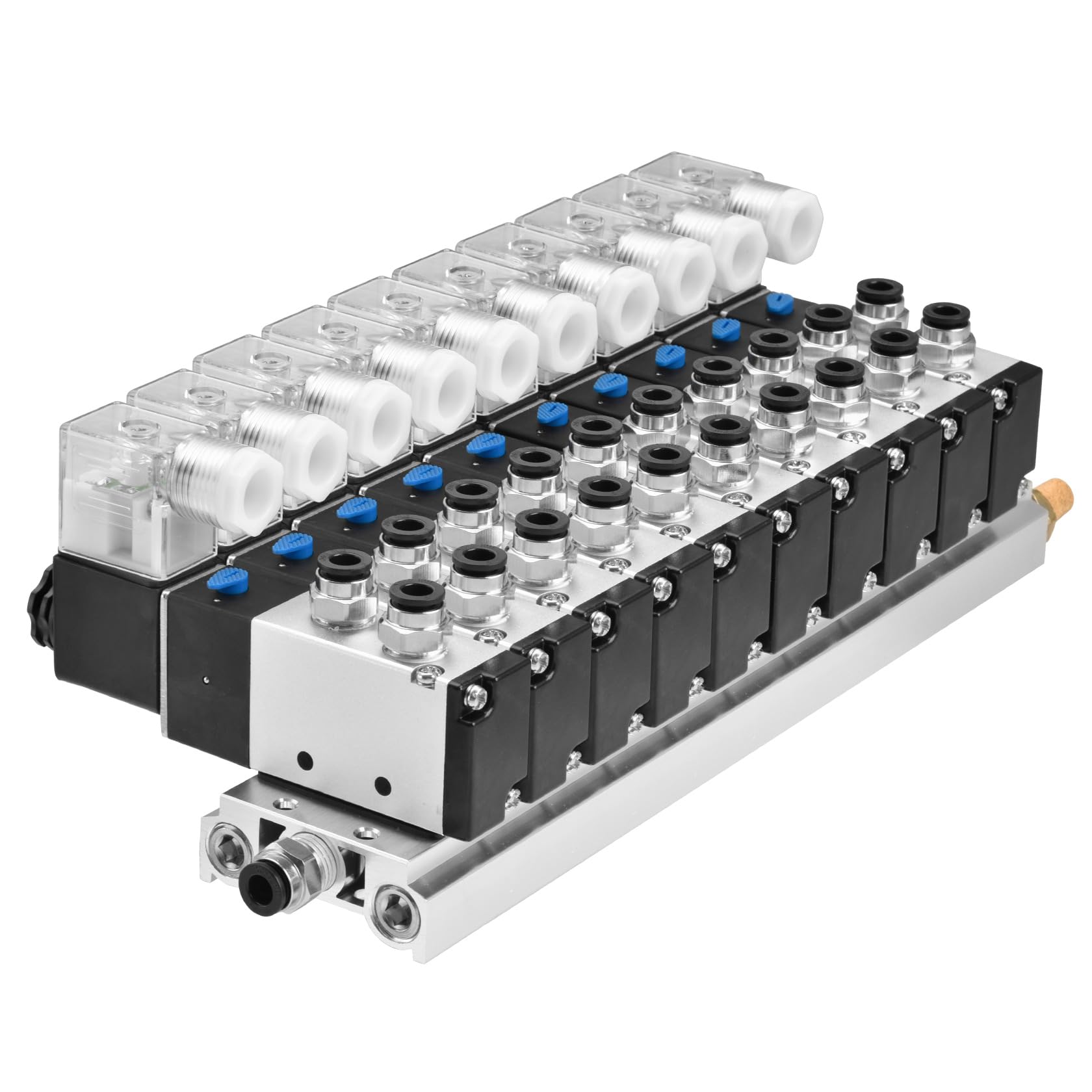 Heschen Válvula solenoide de colector de 10 espacios, 4V210-08, 24VAC, puerto PT1/4 pulgadas, 5 vías 2 posiciones, con silenciador base juego de accesorios rápidos