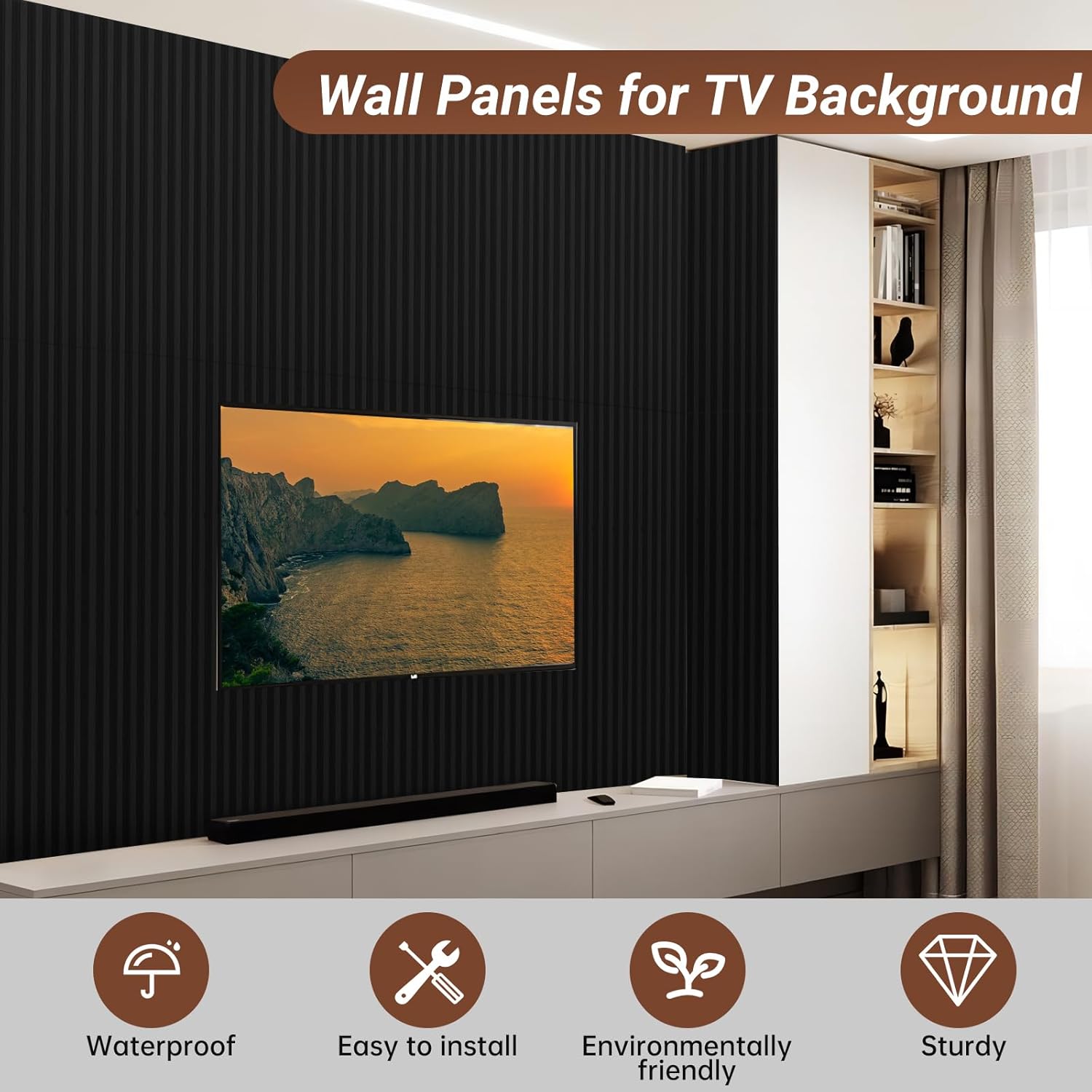 3D Wall Panels for Interior Wall Decor 4 Pack 48"x 6", WPC Matte Black Accent Wall Panels Decorative Covering Wainscoting Panels, Acoustic Slat Wall Paneling for Bedroom, TV Wall Decor for Living Room