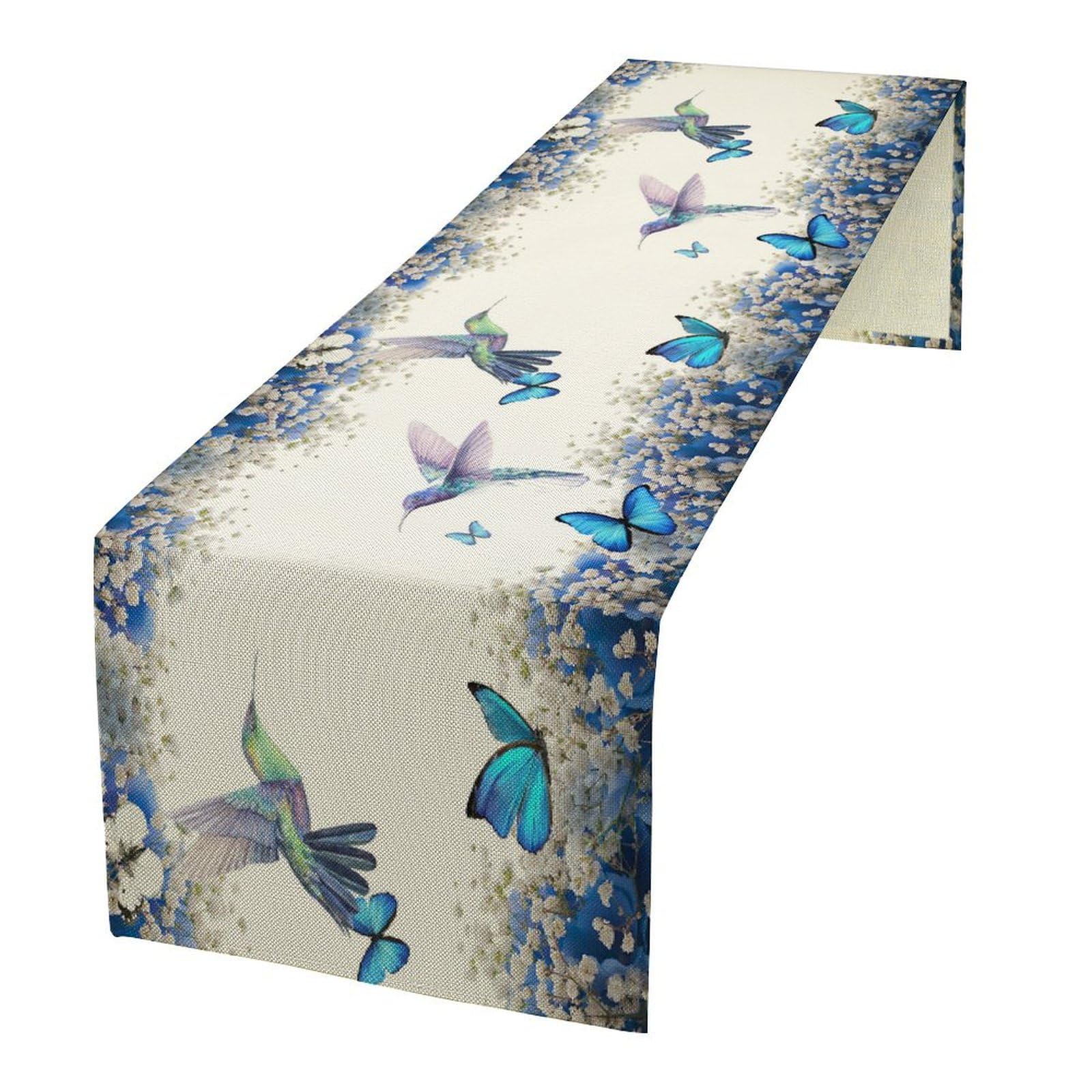 XBDDZSW Hummingbird Flower Table Runner, Watercolor Spring Garden Theme Blue Flowers Butterfly Hummingbird Patterns Printed Linen Table Runner for Home Kitchen Dining Table Decoration 13x36 Inch