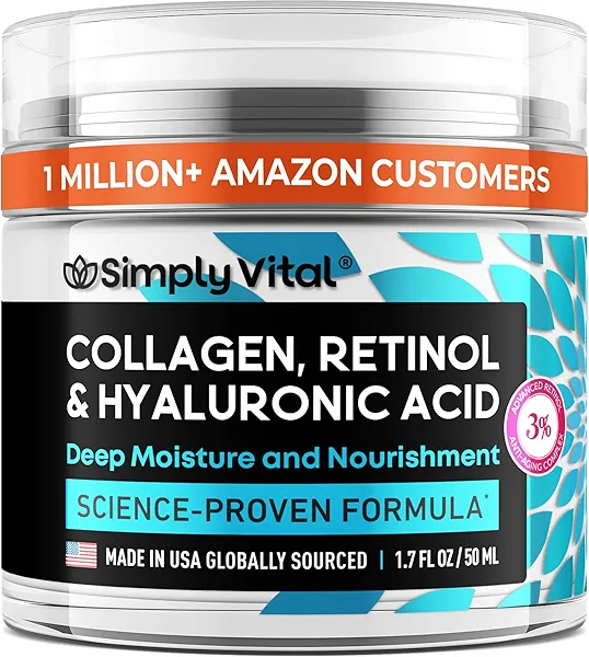 SimplyVital Collagen, Retinol & Hyaluronic Acid Cream - Anti-Aging Face Moisturizer for Face, Firming Skin Care Neck & Décolleté - Made in USA, Daily Moisturizer Face Cream Day & Night - 1.7 fl.oz.