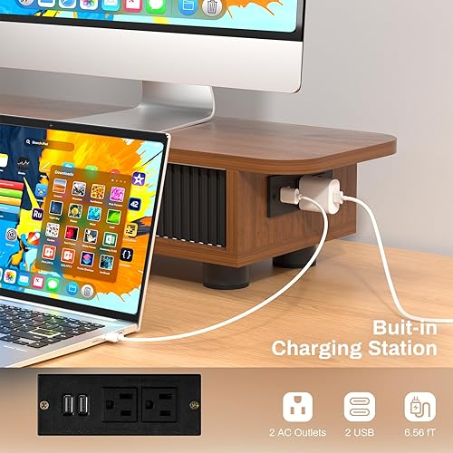 Miniatura 3 de Artswish Soporte elevador de monitor de madera con estación de carga y tira de luz, soporte de monitor doble de ángulo ajustable para escritorio,