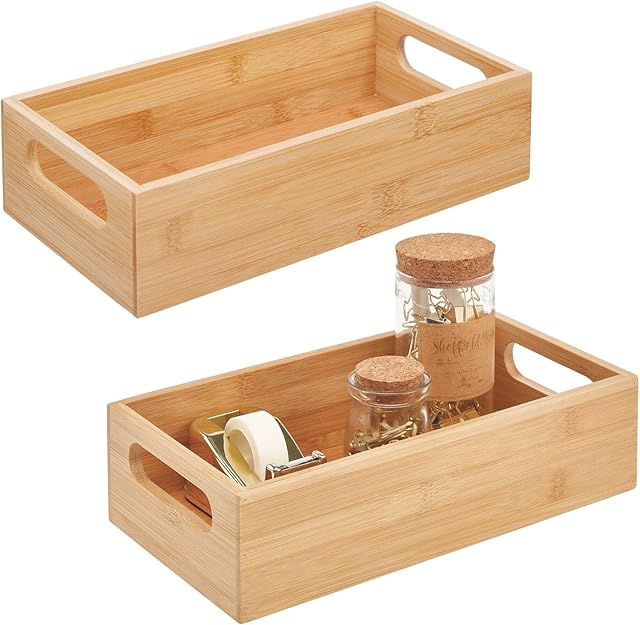 mDesign Set of 2 Office Storage Container  Open-Top Wooden Storage Tray with Handles  Stationery Organiser for Pens, Pencils, Envelopes and More  Natural