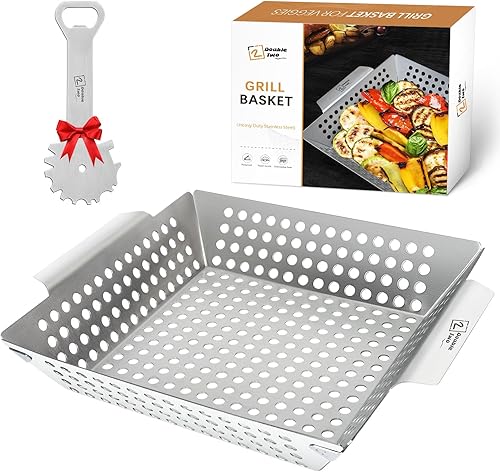 DOBLE DOS Cesta de parrilla de acero inoxidable resistente, cestas de parrilla para parrilla al aire libre, cesta de parrilla de verduras, cestas