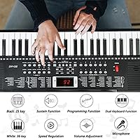 Vista 5 de Piano de teclado de 61 teclas para principiantes con teclas iluminadas y modos de enseñanza profesional, incluye soporte, banco, micrófono, soporte