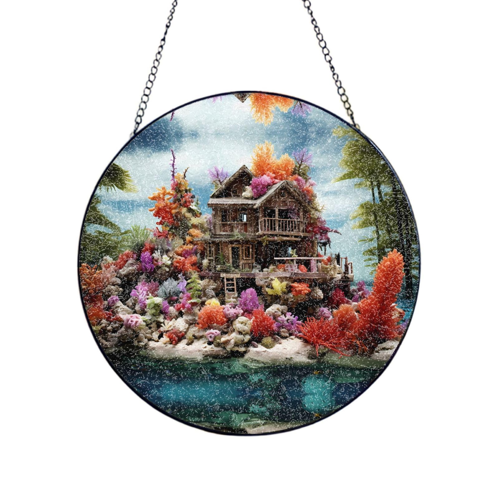 Poezjzw Stained Glass Window Hanging - Chalet By The Sea Sun Catcher For Door Garden Home Decor Christmas Mother'S Day Birthday Gifts 12in（30cm）