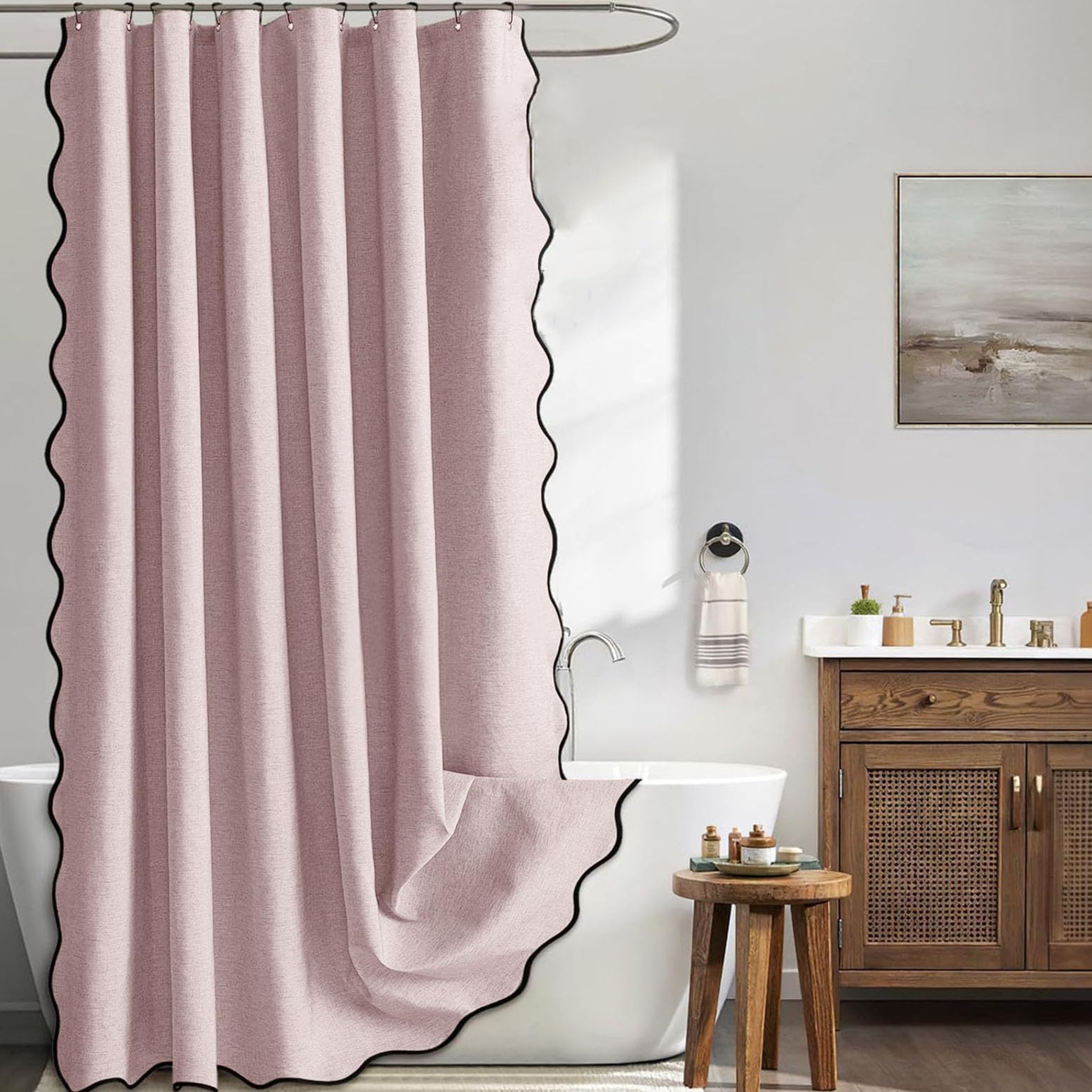 Maritown Pink Linen Shower Curtain With Scalloped Edge, Anti Mould Waterproof Bathroom Curtains Washable Quick Dry Hotel Spa Bath Curtain With 12 Hooks (, 180W X 180H Cm)