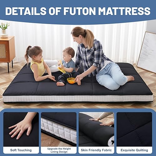 Miniatura 4 de DoCred Colchón de futón japonés extra grueso de 5 pulgadas, tamaño Queen de 60 x 80 pulgadas, colchoneta plegable de tatami, tapete portátil para