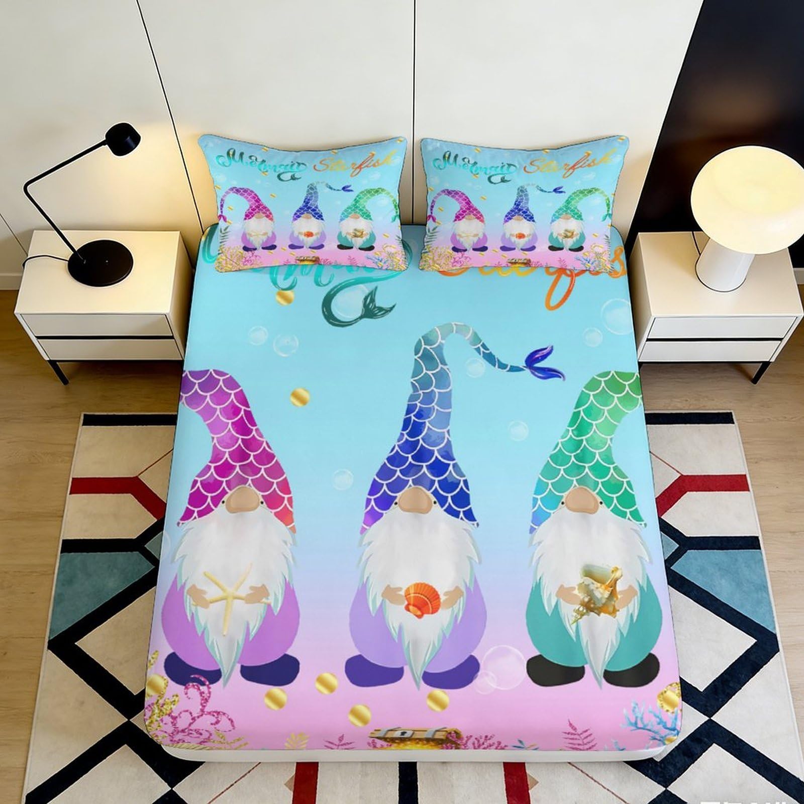 3D Printed Mermaid Gnomes Fitted Sheet Microfiber Soft Breathable Underwater Theme Bed Cover for Bedroom Dormitory Guest Room Mattress Protection Decor 120x200x25cm