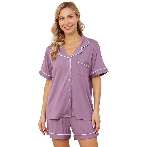 Yoolfine Women's Pajama Set - Short Sleeve Button Down Top & Shorts, Soft Viscose, Burgundy, Large - View #10