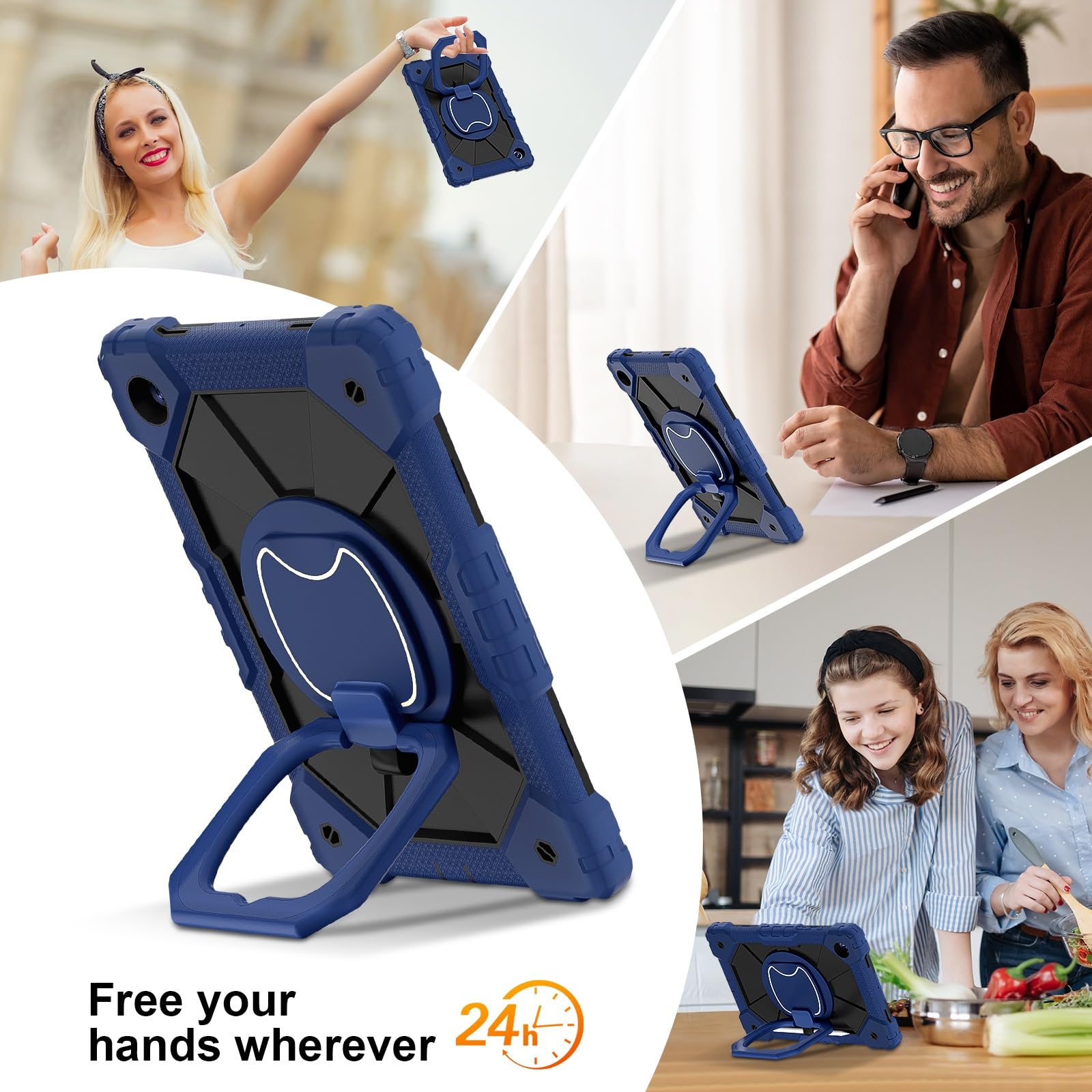 Etui Galaxy Tab A8 kompatybilne z etui Samsung 10,5 cala (SM-X200/X205) 2021 Wytrzymałe, odporne na wstrząsy, ochronne obrotową podpórką 360° + pasek rękę + ramię(Navy+Black)