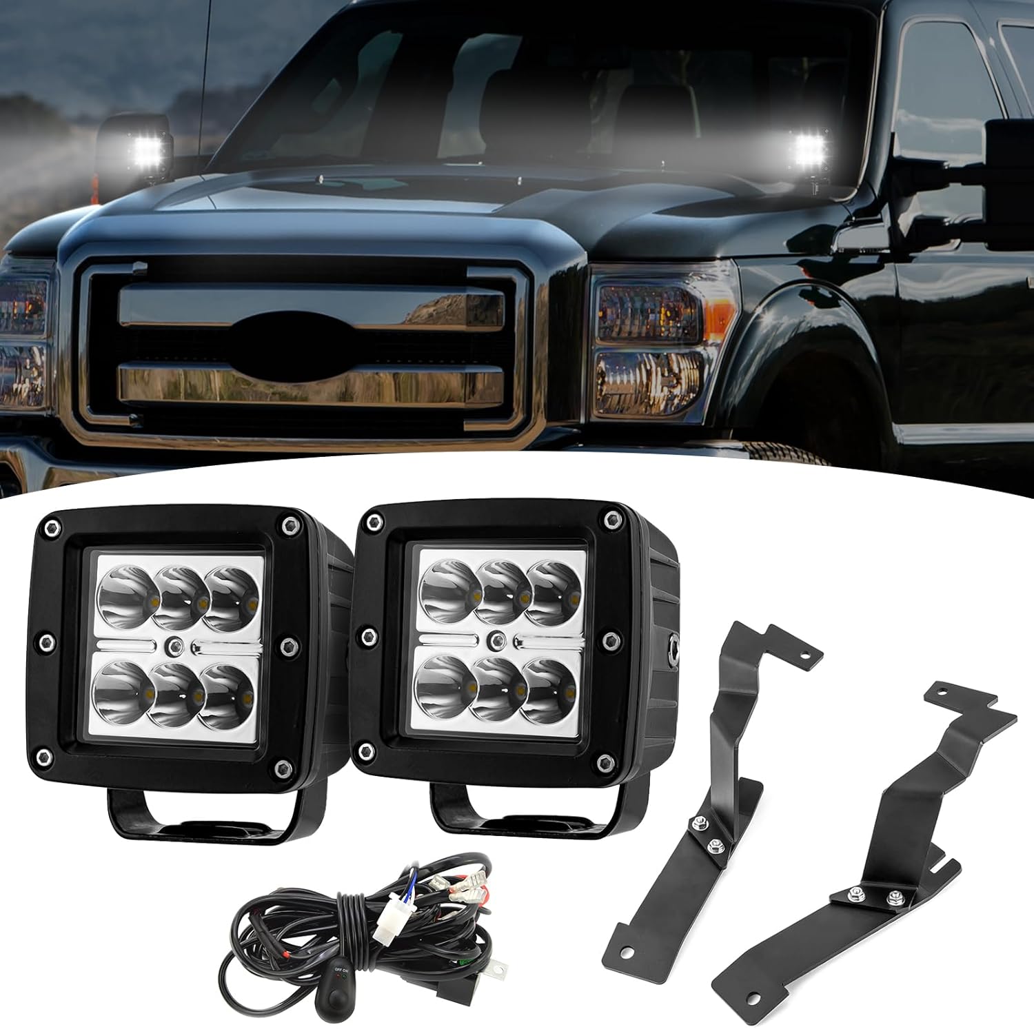 Wsays 2Pcs 24W LED Light Pods & Ditch Hood Hinge LED Pod Mount Bracket w/Wiring Kit Compatible with Ford F250 and F350 Super Duty 2011-2016