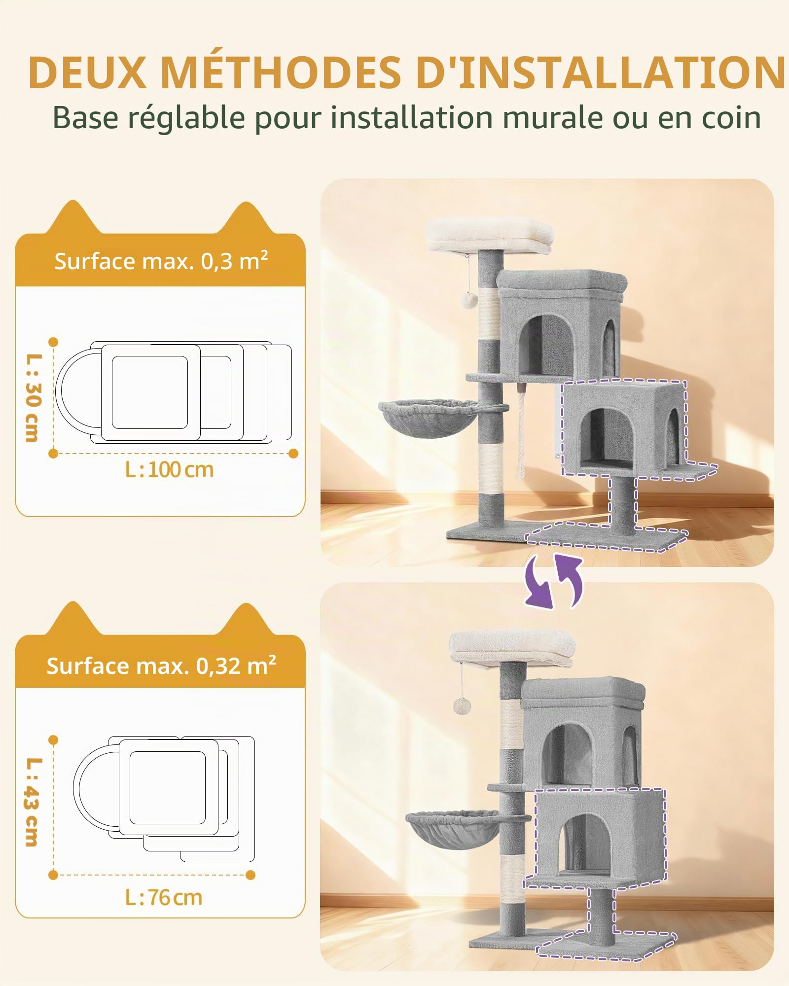 Hzuaneri Arbre a Chat, Petit Arbre à Chat de 95 cm, Spacieux et Stable, Fond Réglable, avec Grande Plateforme Souple, Pompons, Panier, Griffoir, Corde en Sisal, Gris Clair MS09718LG