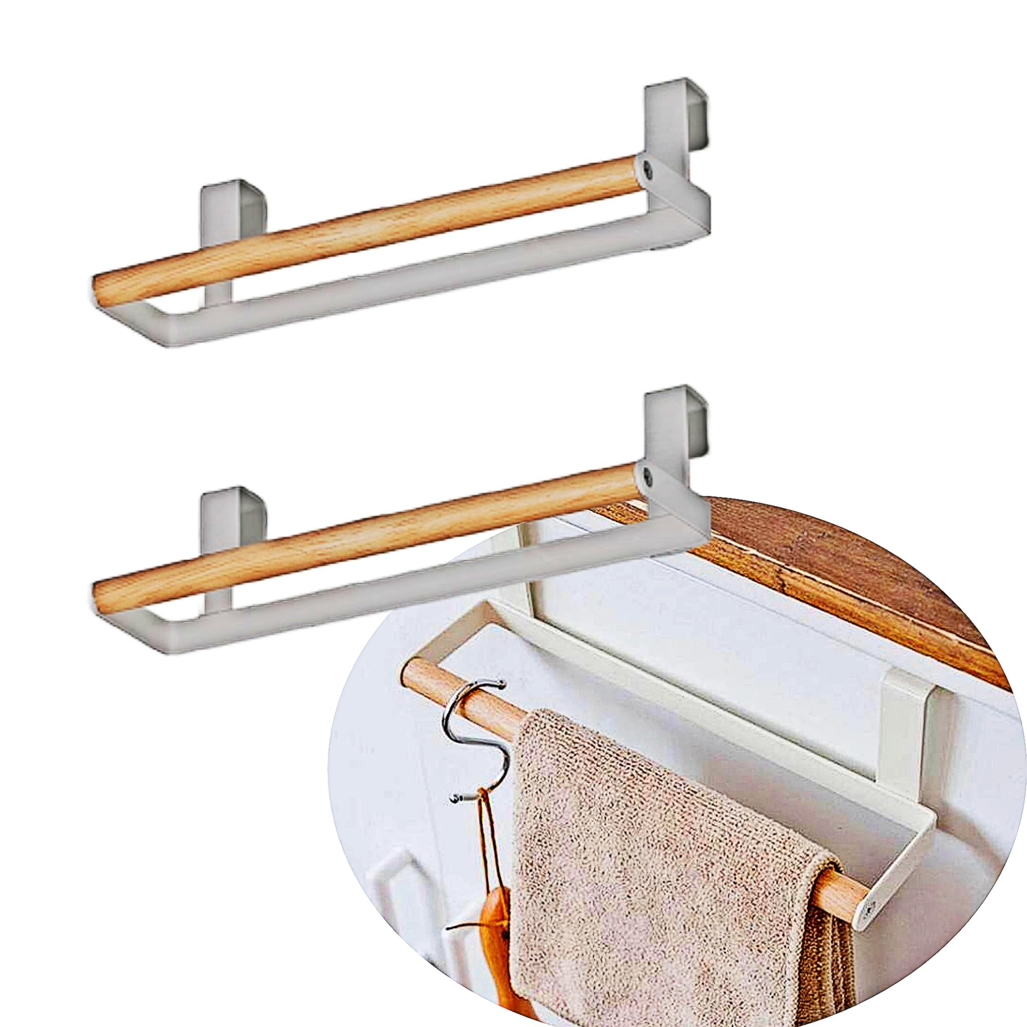 TOP MARTCabinet Towel Bar Holder, Fits on Cupboards Over Cabinet Door, Towel and Wash Cloth Hanging Storage Accessories, Strong Modern Design Solid Wood Longlasting