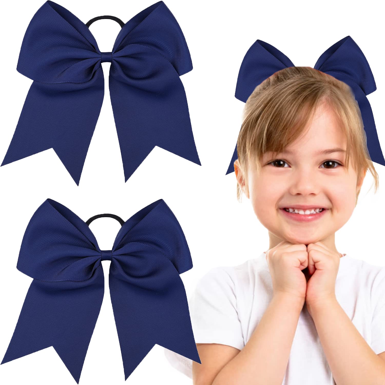 Jeffan 2 Packs 8 Inch Navy Ribbon Bows Hair Ties School Girls Hair Styling Accessories