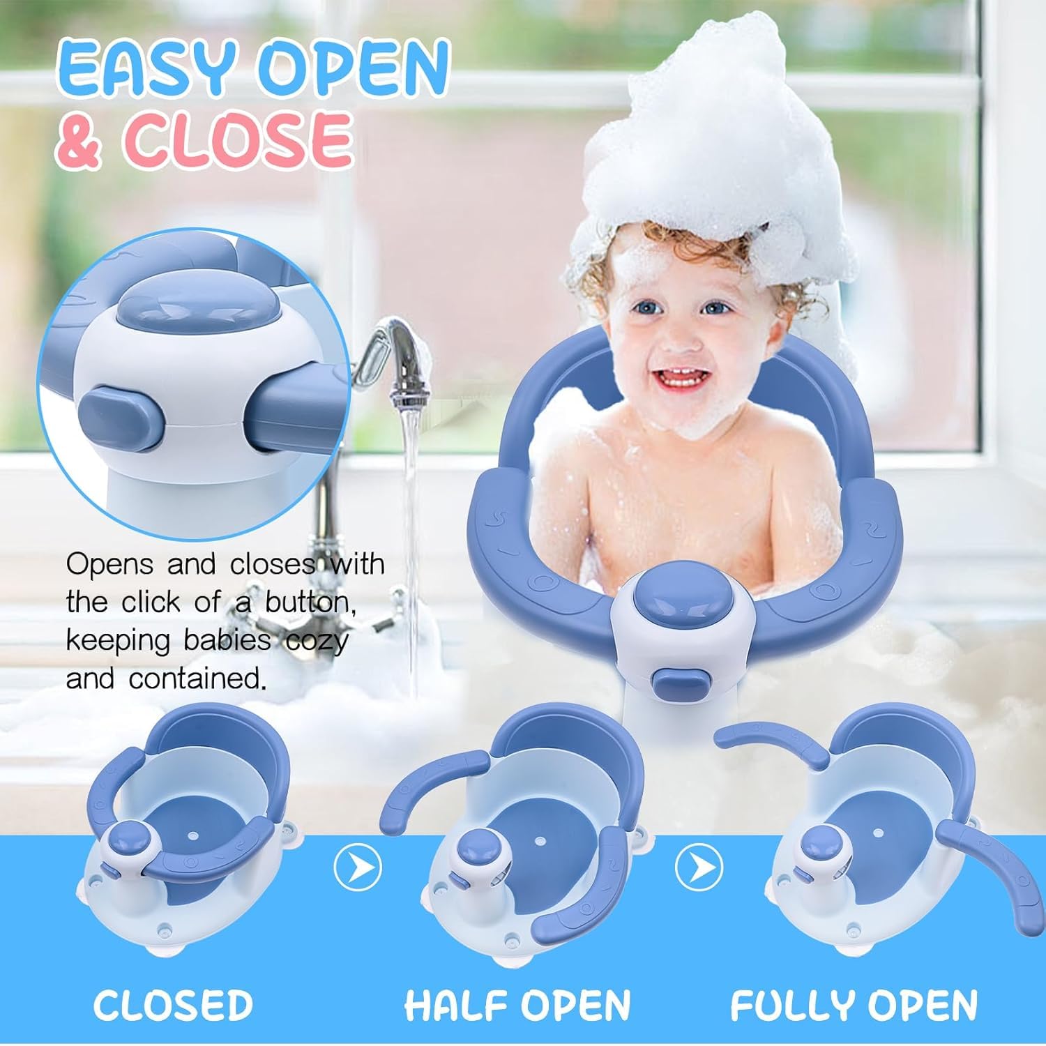 Siège de Bain pour Bébé 6-36 Mois avec Coussin Antidérapant et 4 Ventouses (Bleu)
