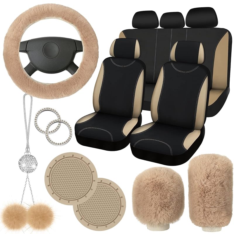 Kit de Capas de Banco e Acessórios Internos para Carro Fulmoon em Pelúcia Sintética Bege e Preto com 17 Peças