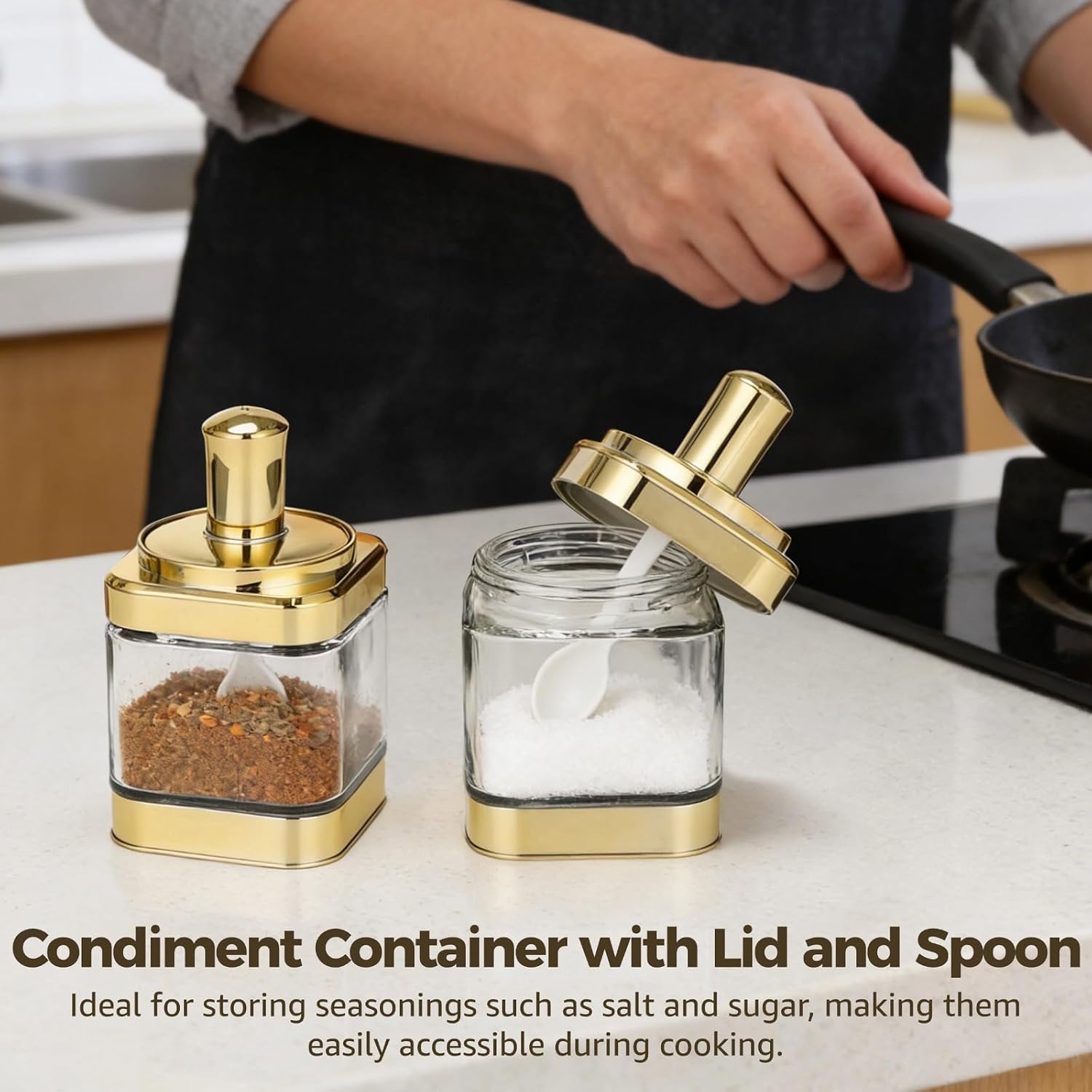 2 Pcs Glass Condiment Pot with Spoon and Lid, Gold Seasoning Pot Set for Home and Kitchen, Square Spice Jars for Sugar, Salt, Easy to Clean Seasoning Box