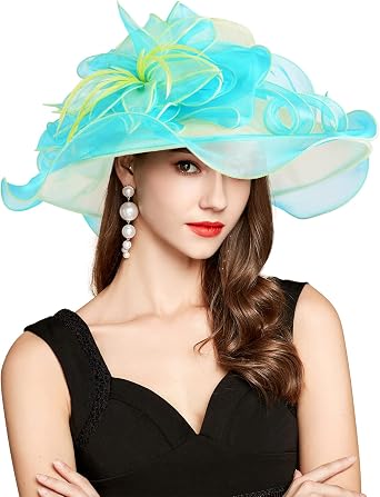2026 Derby Hat, Classy Sun Hats for Women Ladies, Organza Feather Kentucky Fascinator for Tea Party Church UV Protection