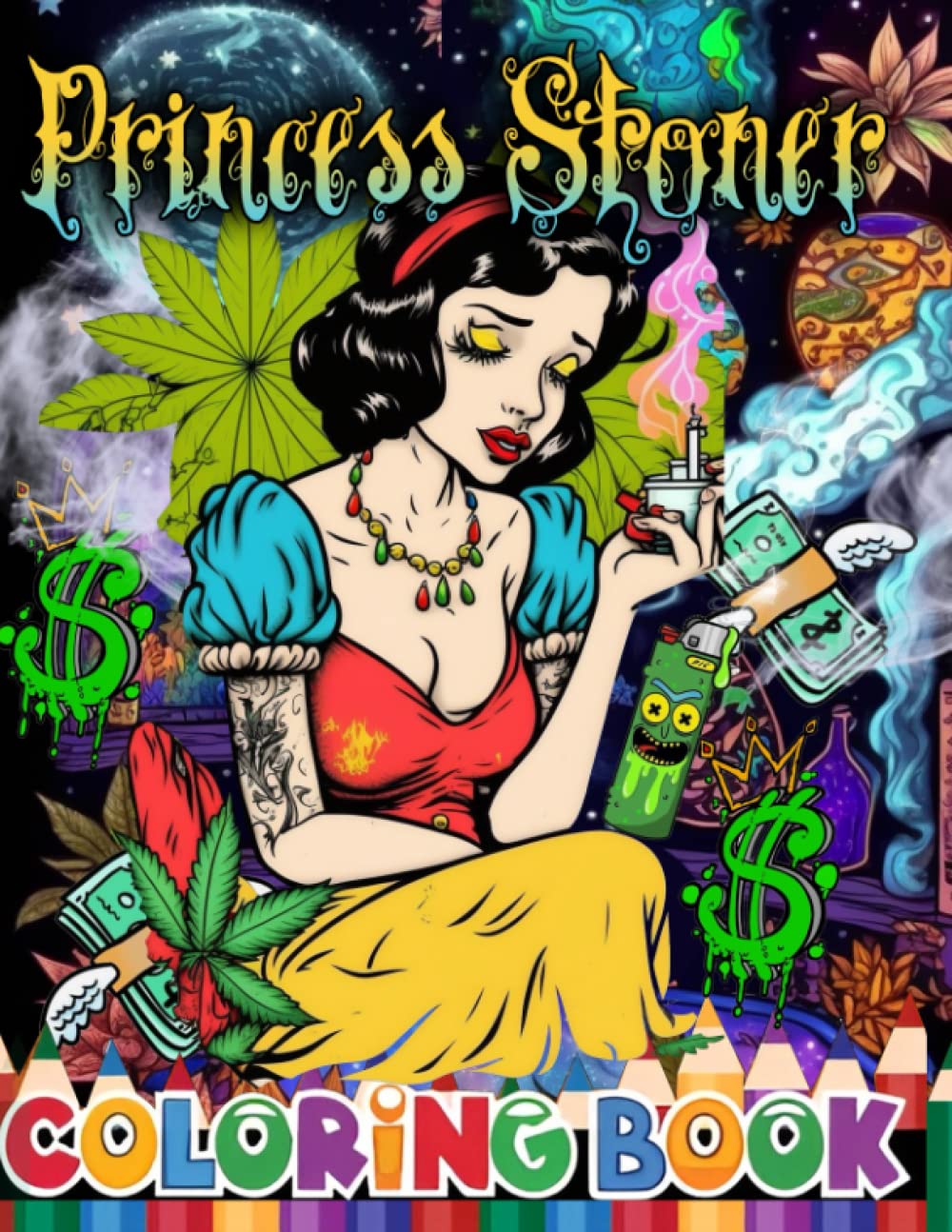 Princess Stoner Coloring Book: +40 lovely stress relief unique princess design & Stoner weed illusion princess, cannabis coloring book for adults