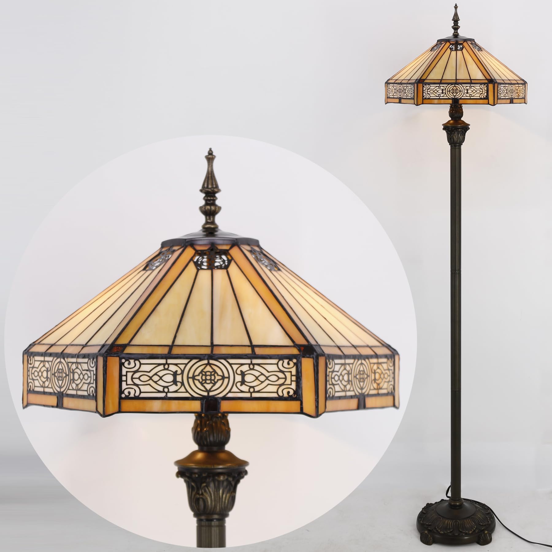 WERFACTORY Tiffany Floor Lamp Yellow Hexagon Stained Glass Mission Standing Reading Light 16X16X64 Inches Antique Pole Corner Lamp — view 4