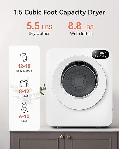 Miniatura 5 de Euhomy Secadora de ropa portátil de 1.5 pies cúbicos, secadora de ropa de 850 W con tambor de acero inoxidable, 4 funciones, control LED, secadora