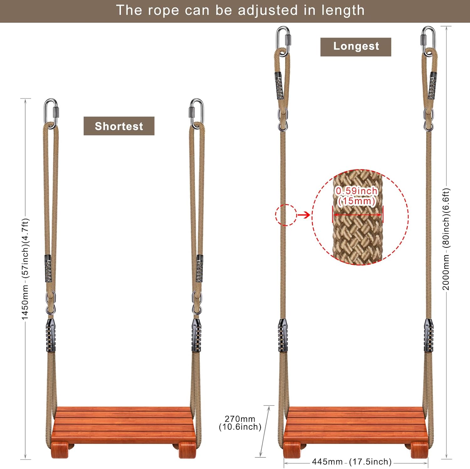 SELEWARE Wooden Swing Seat with Adjustable Rope | Heavy Duty Flat Tree Swing for Adults & Kids, Indoor/Outdoor Playground Swing Set (17.5 x 10.6 Inch)