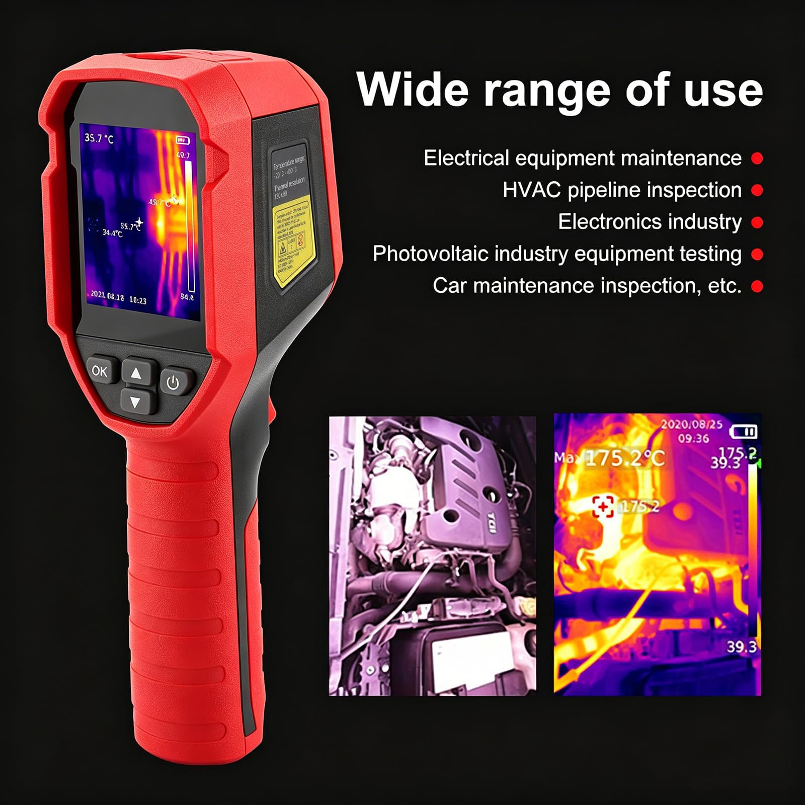 Cámara Térmica Infrarroja, Imagen LCD Recargable de 1080 Píxeles Cámara Portátil de Imágenes IR -20 °C - 400 °C (-4 °F A 752 °F) para HVAC, Inspección de Tuberías de Calefacción Por Suelo Radiante