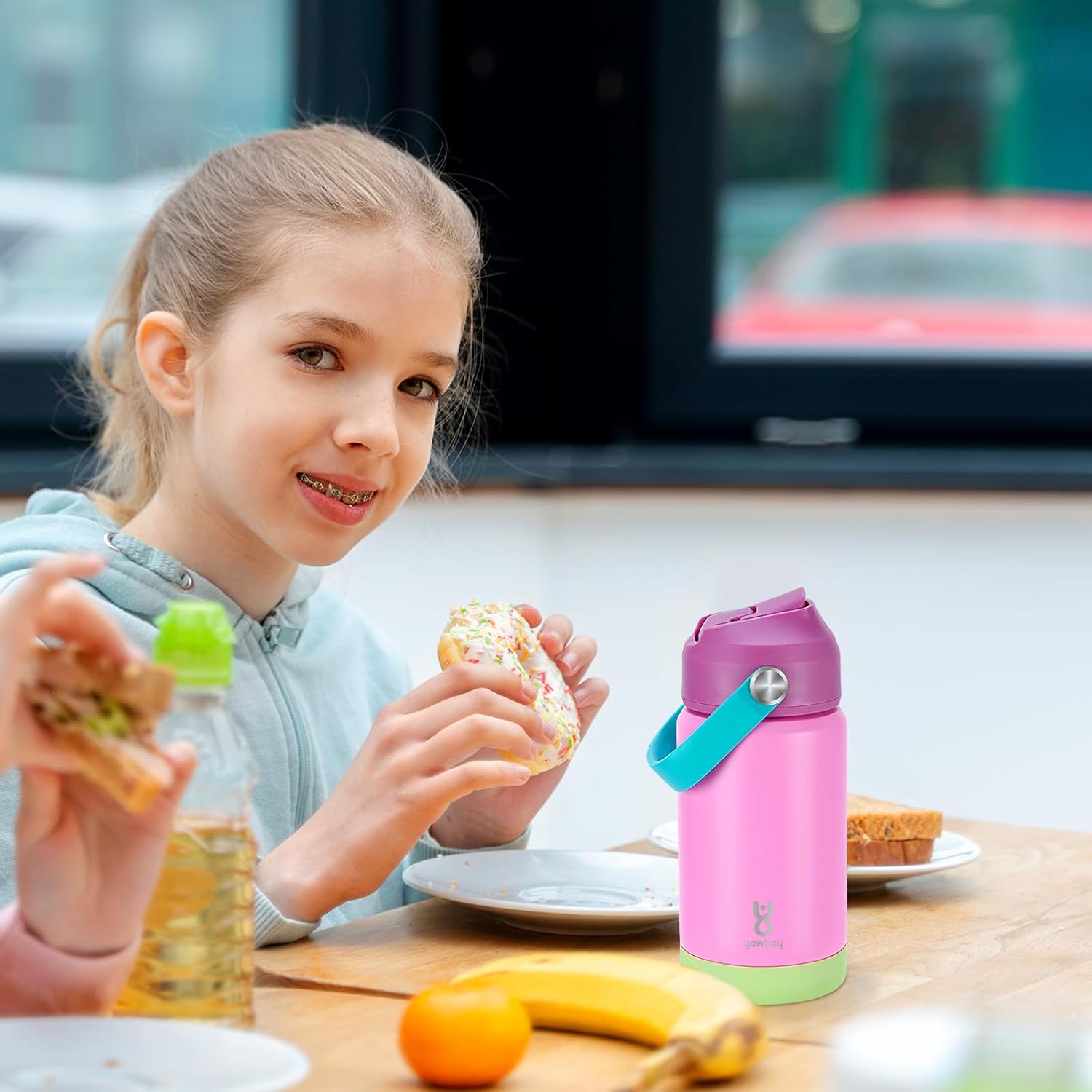 Kids Insulated Water Bottle with Straw Lid & Silicone Handle,12oz Kids Leak Proof Water Bottle for School Boys Girls,Double Wall Vacuum Stainless Steel with Non-slip Silicone Base(Pink) - Image 7