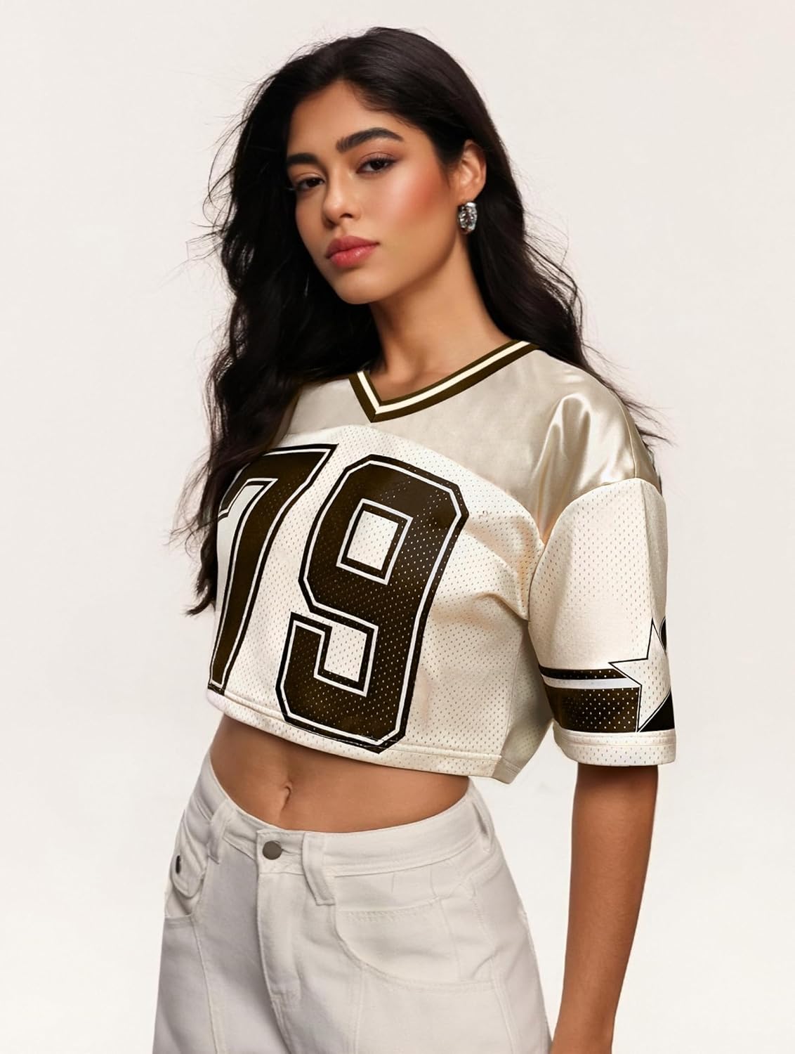 Jersey Shirts for Women Y2k Graphic Number Tees Hip Hop V Neck Short Sleeve Mesh Crop Top Baggy Streetwear T Shirt Tops - Image 4